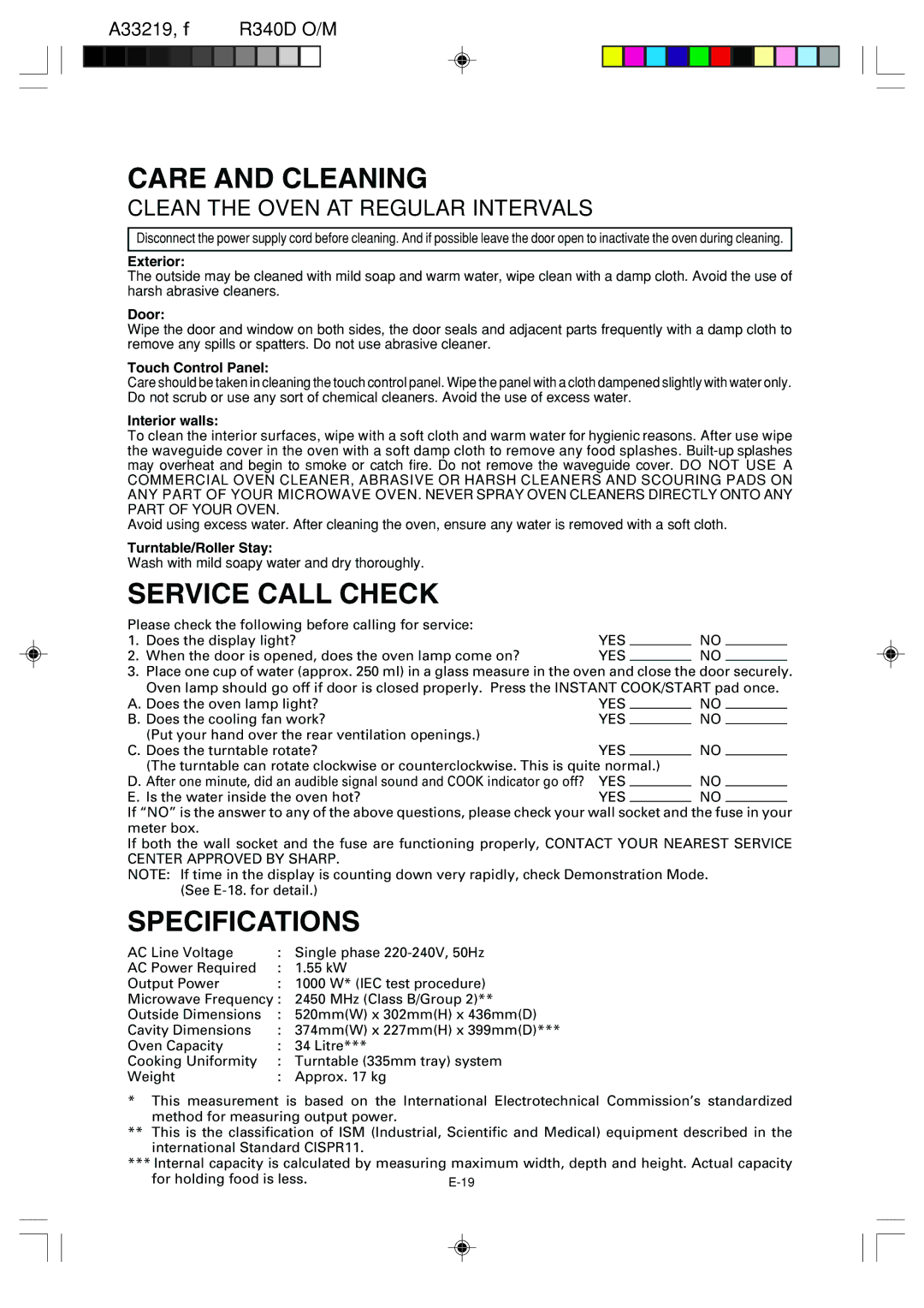 Sharp R-340D operation manual Care and Cleaning, Service Call Check, Specifications 