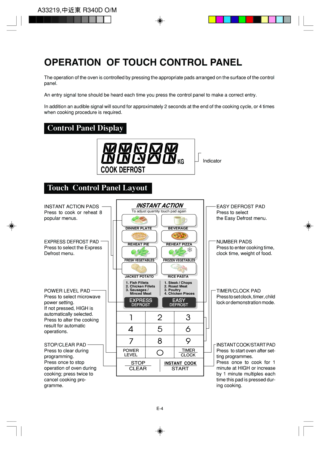 Sharp R-340D operation manual Operation of Touch Control Panel, Control Panel Display, Touch Control Panel Layout 