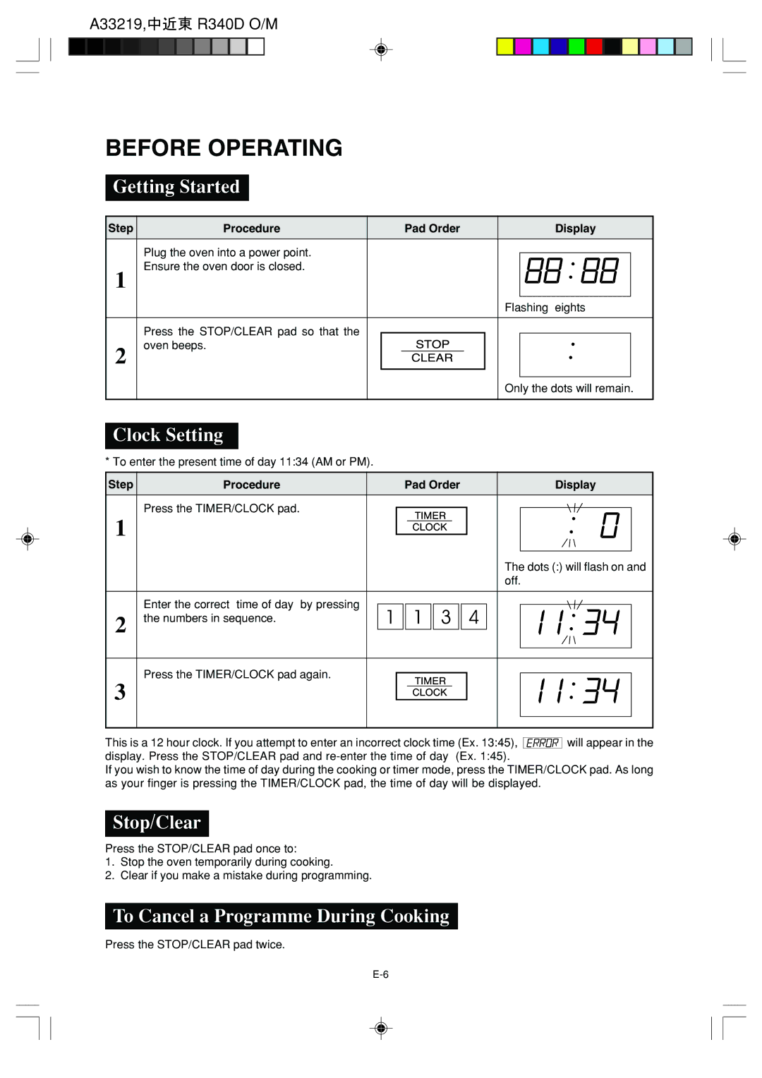 Sharp R-340D Before Operating, Getting Started, Clock Setting, Stop/Clear, To Cancel a Programme During Cooking 