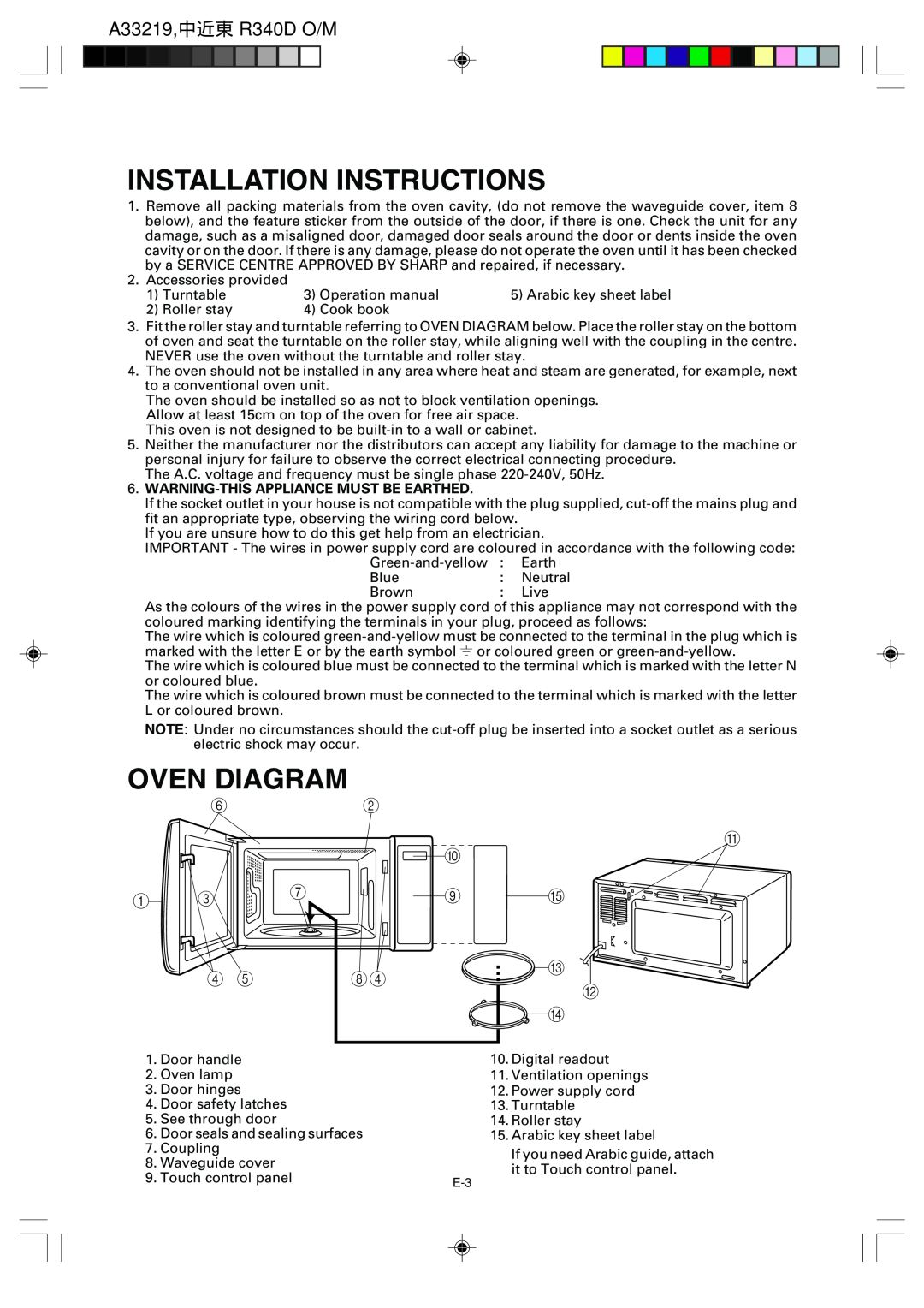 Sharp R-340D Installation Instructions, Oven Diagram, Warning-Thisappliance Must Be Earthed, A33219,中近東 R340D O/M 