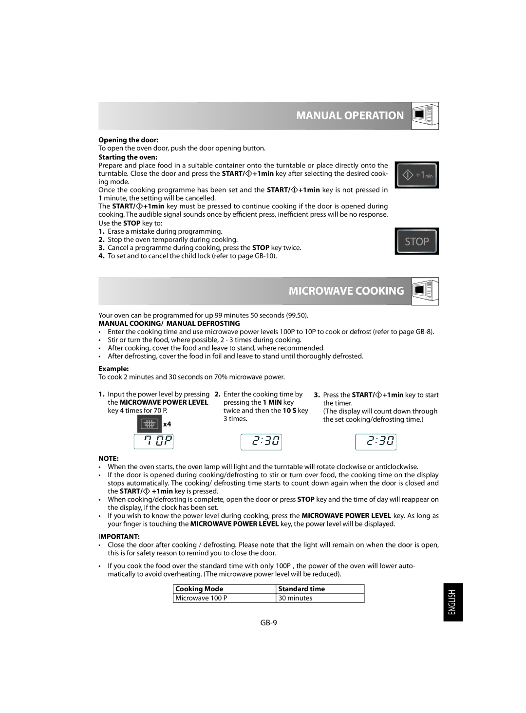 Sharp R-242, R-342 operation manual Manual Operation, Microwave Cooking, GB-9, Manual COOKING/ Manual Defrosting 