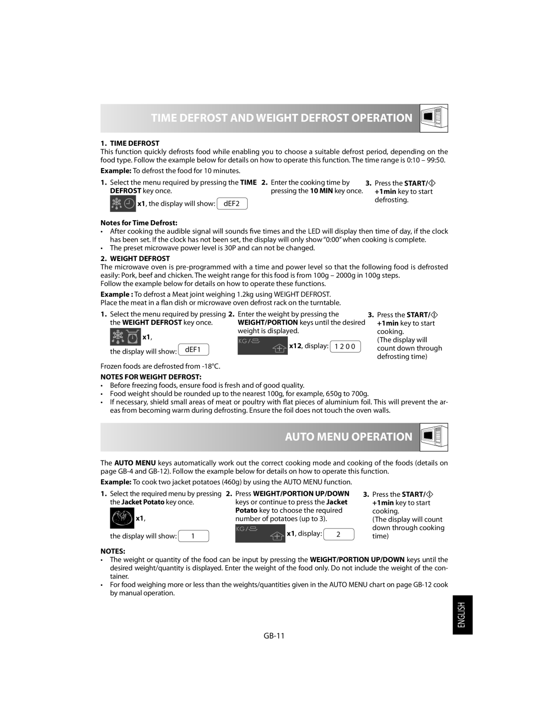 Sharp R-242, R-342 operation manual Time Defrost and Weight Defrost Operation, Auto Menu Operation, GB-11 