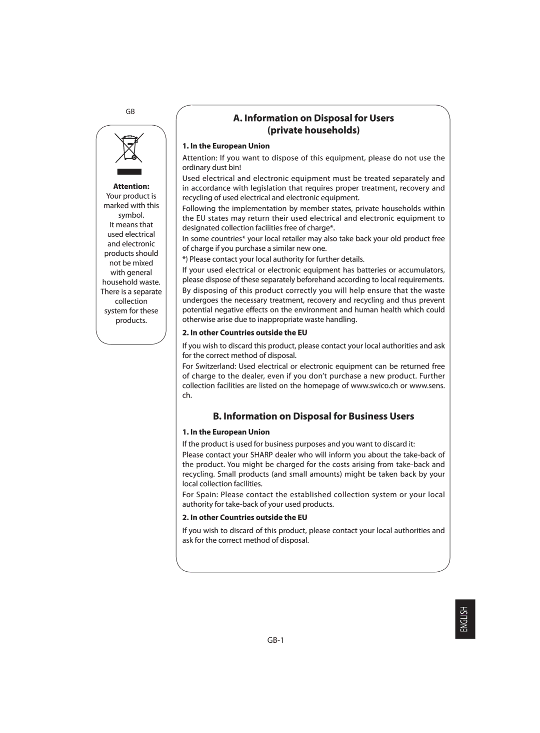 Sharp R-242, R-342 operation manual GB-1 