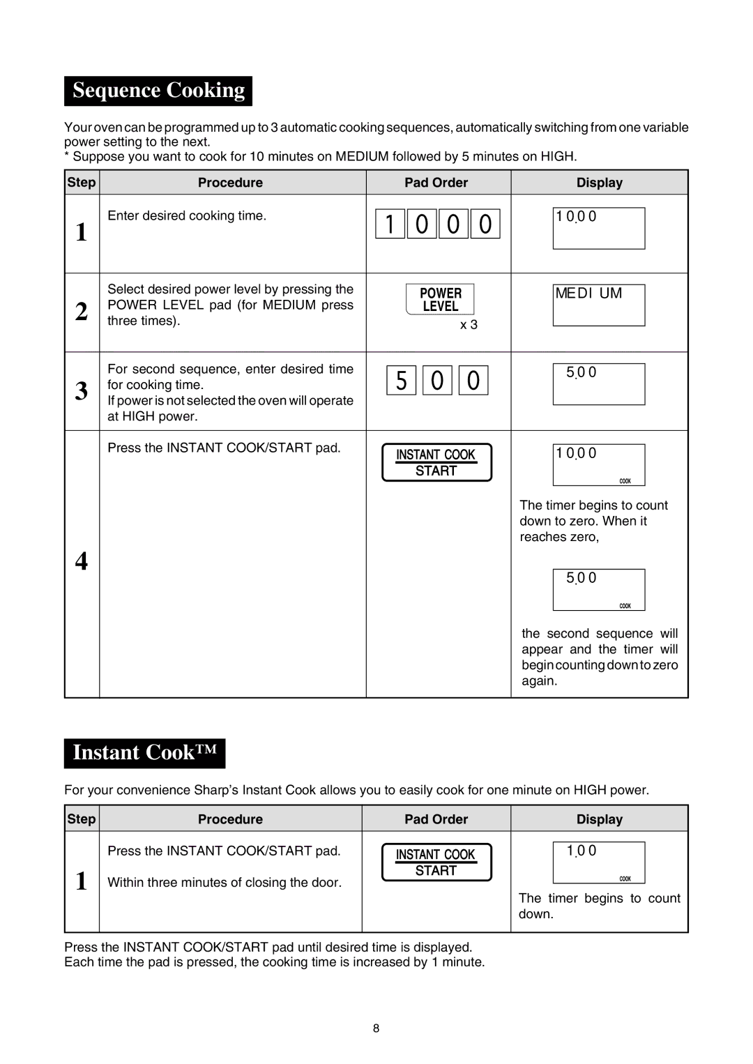 Sharp R-350E operation manual Sequence Cooking, Instant Cook, Within three minutes of closing the door 