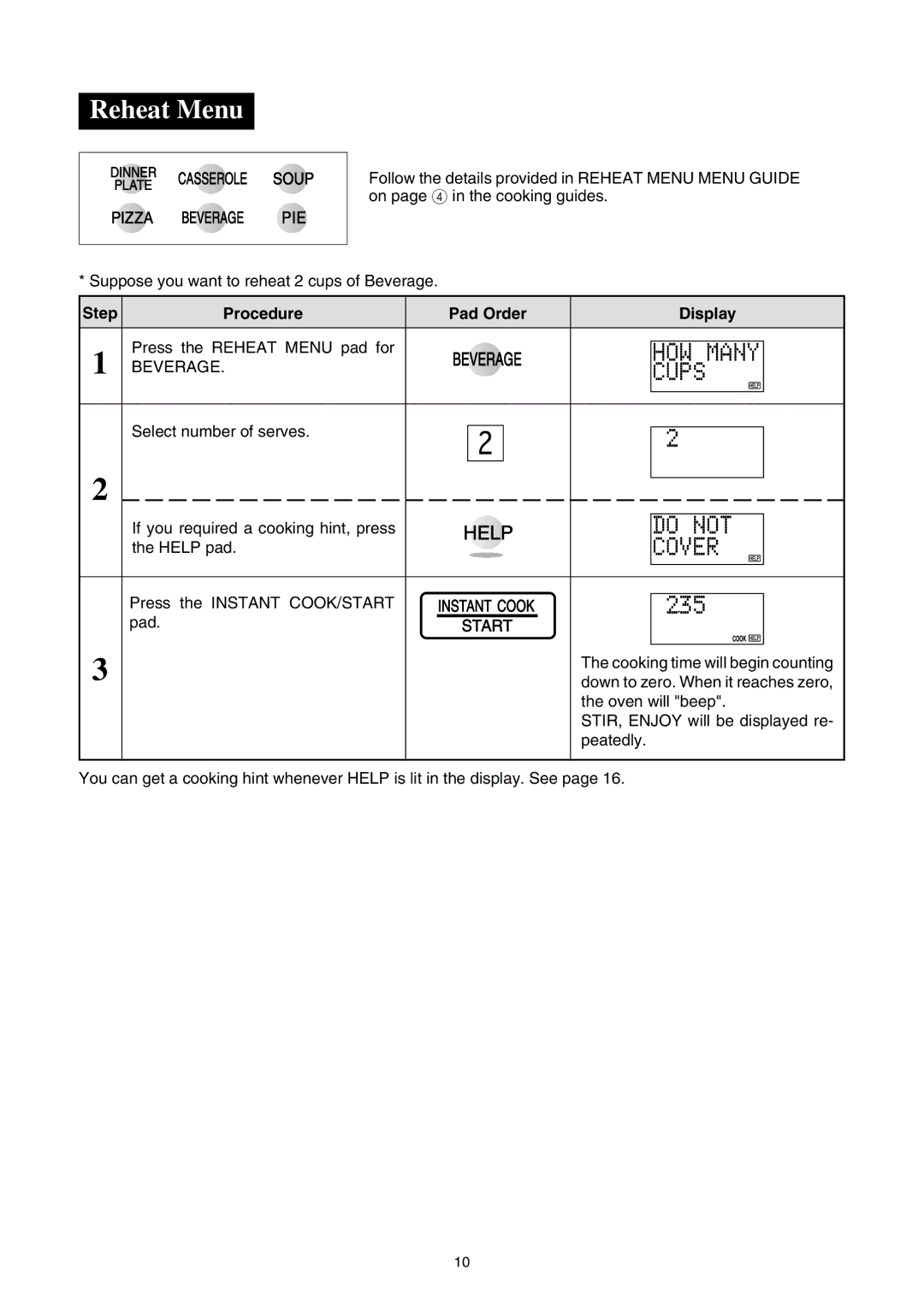 Sharp R-350E operation manual Reheat Menu, P S, V E R 