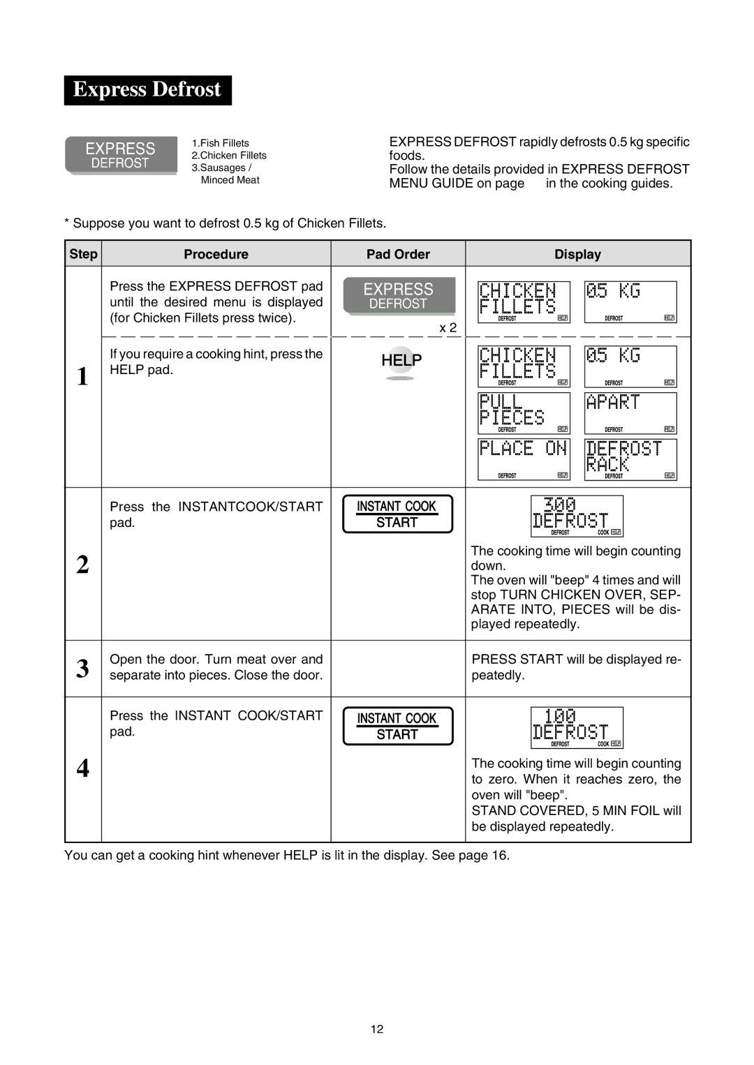 Sharp R-350E operation manual Express Defrost, I C K E N, L L E T S A R T E C E S, F R O S T C K 