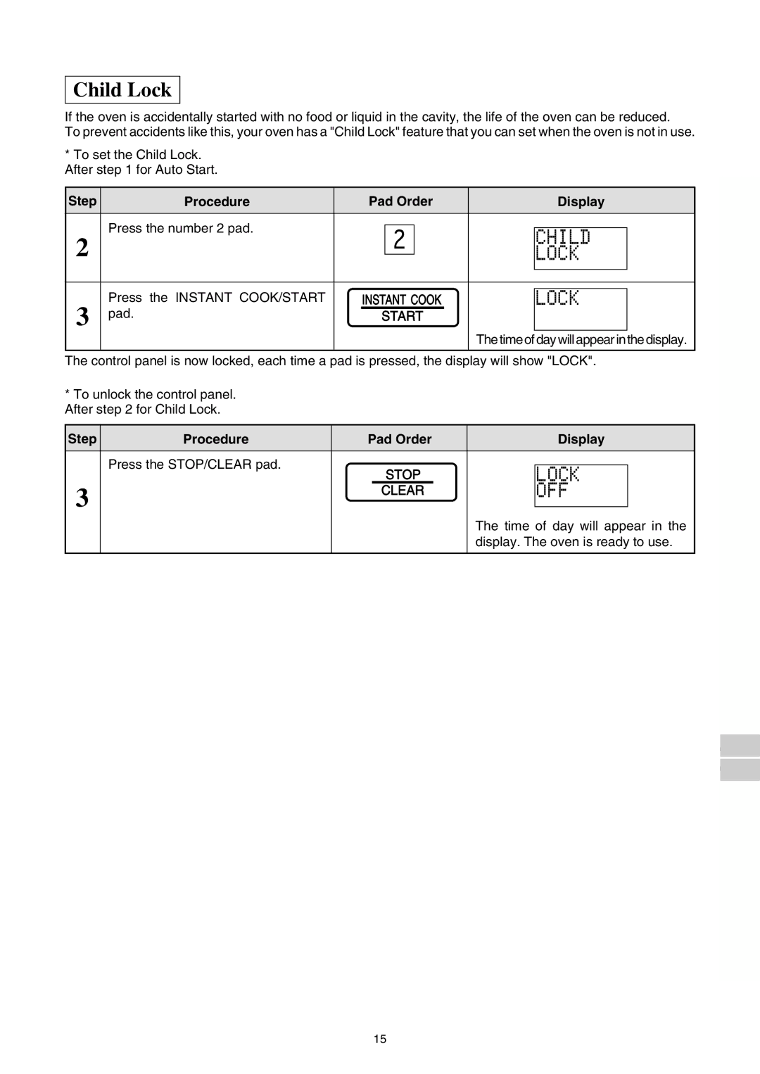 Sharp R-350E operation manual Step Procedure Pad Order Display Press the number 2 pad, Press the Instant COOK/START 