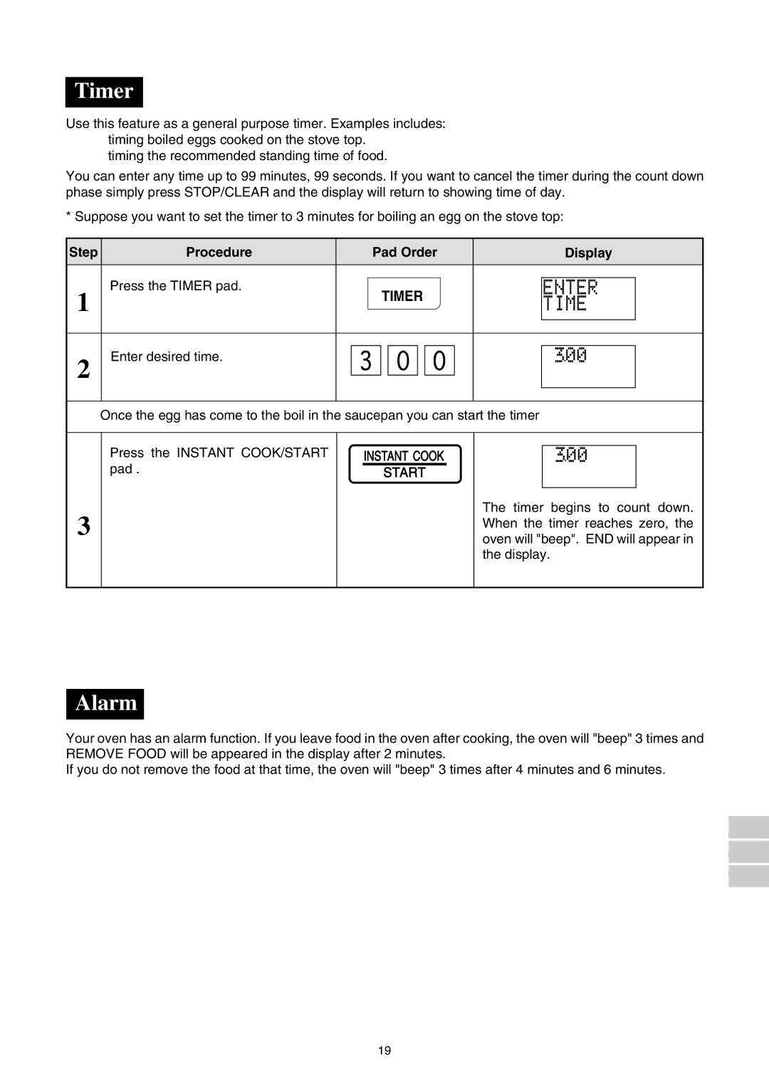 Sharp R-350E operation manual Alarm, Step Procedure Pad Order Display Press the Timer pad, Enter desired time 