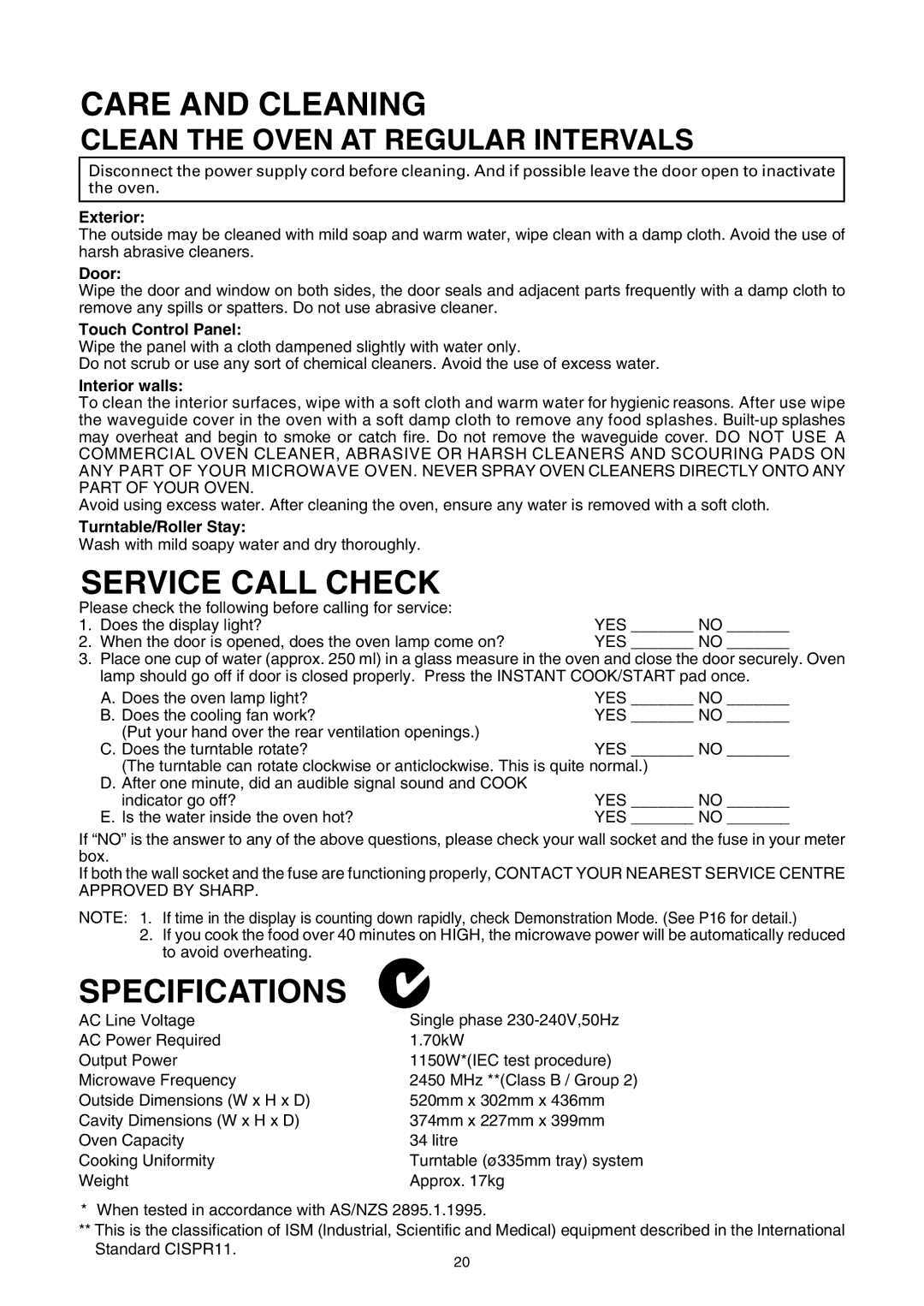 Sharp R-350E operation manual Care and Cleaning, Service Call Check, Specifications 