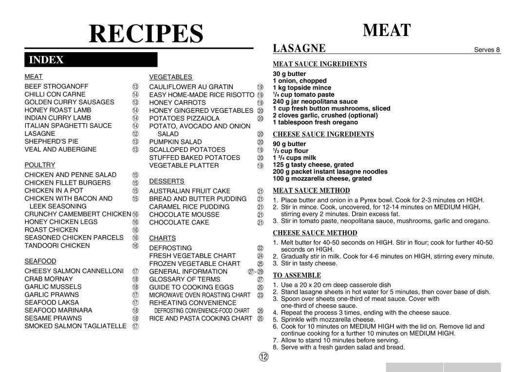 Sharp R-350E operation manual Lasagne 