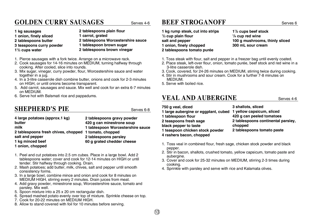 Sharp R-350E operation manual Golden Curry Sausages, Shepherds PIE, Beef Stroganoff, Veal and Aubergine, Serves 