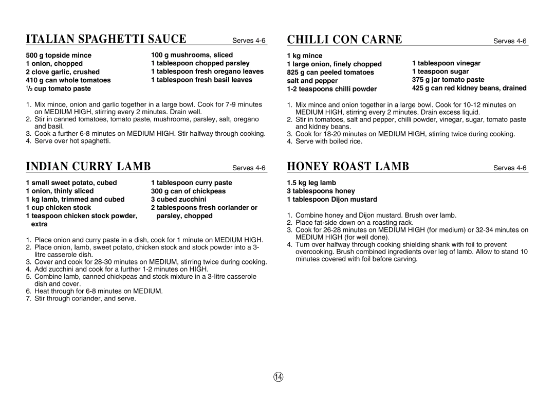 Sharp R-350E operation manual Italian Spaghetti Sauce, Indian Curry Lamb, Chilli CON Carne, Honey Roast Lamb 