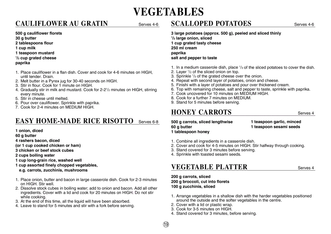 Sharp R-350E operation manual Cauliflower AU Gratin, Scalloped Potatoes, Honey Carrots, Vegetable Platter 