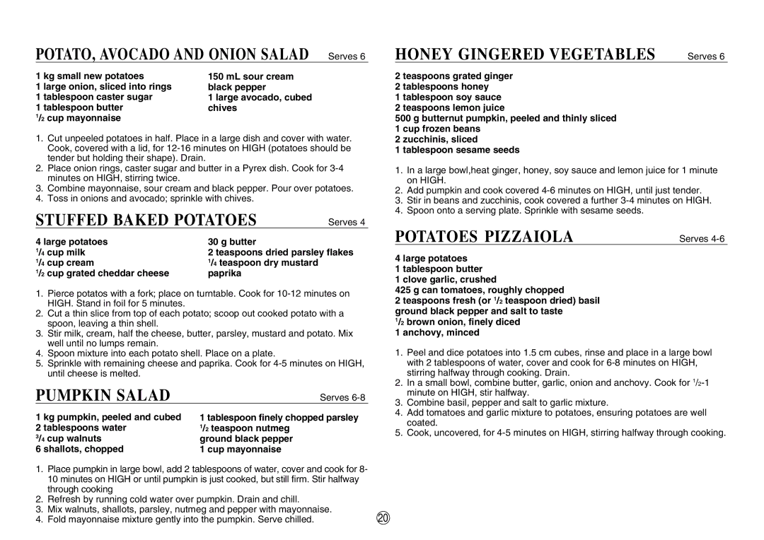 Sharp R-350E operation manual Stuffed Baked Potatoes, Pumpkin Salad, Potatoes Pizzaiola 