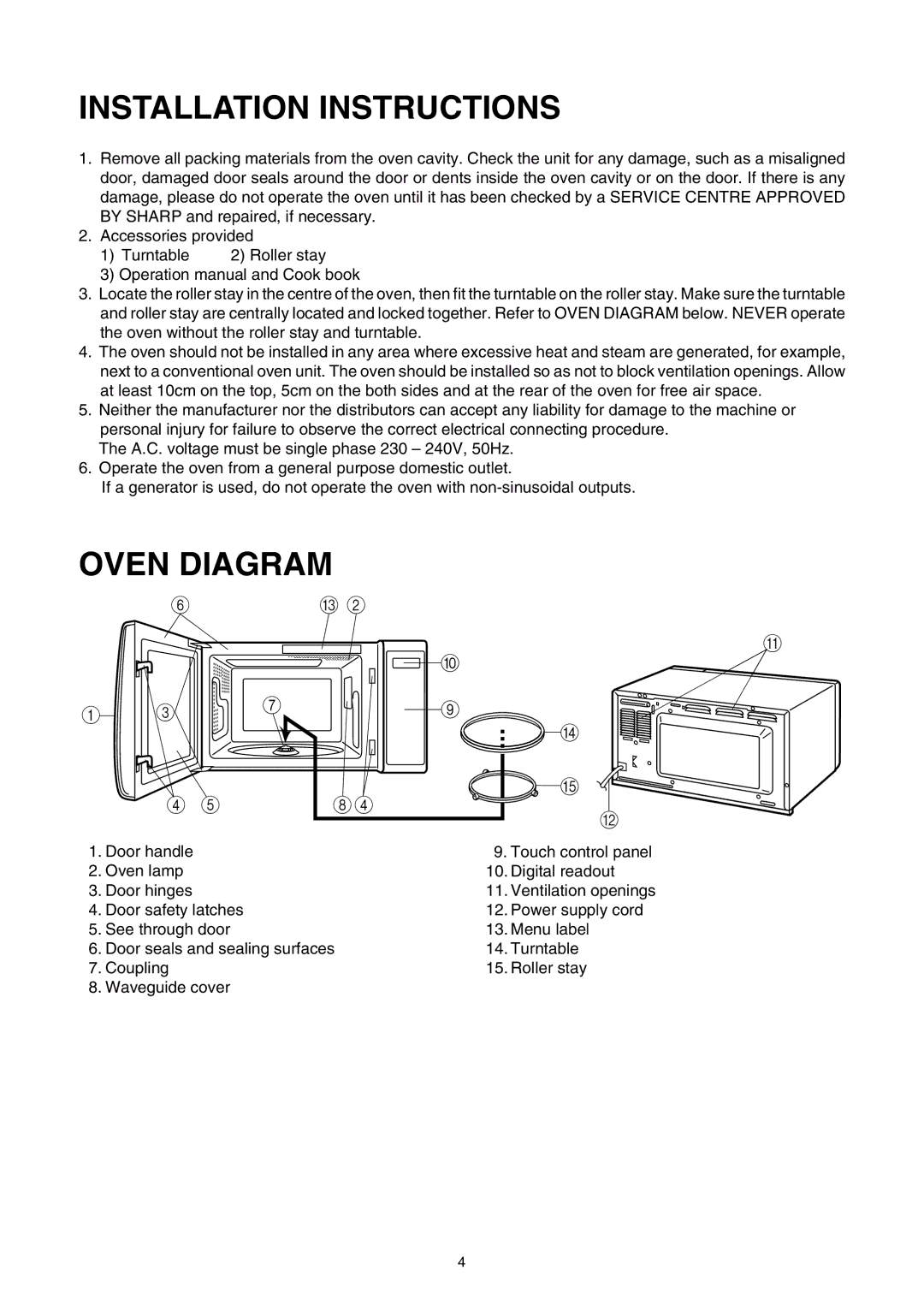 Sharp R-350E operation manual Installation Instructions, Oven Diagram 