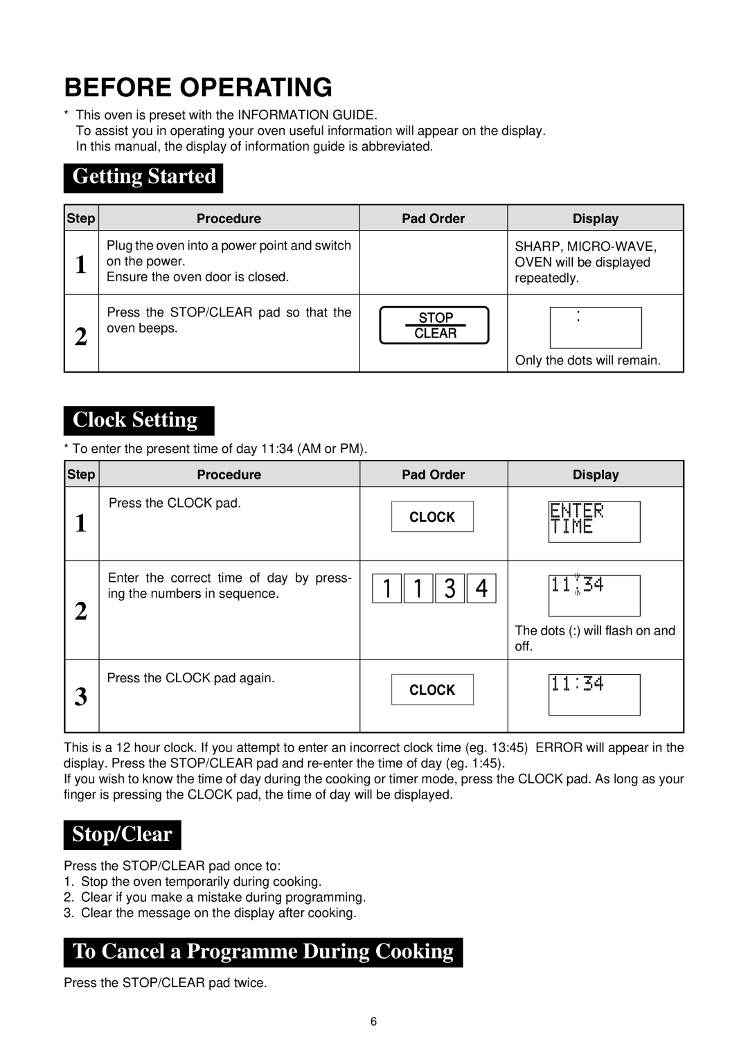 Sharp R-350E Before Operating, Getting Started, Clock Setting, Stop/Clear, To Cancel a Programme During Cooking 