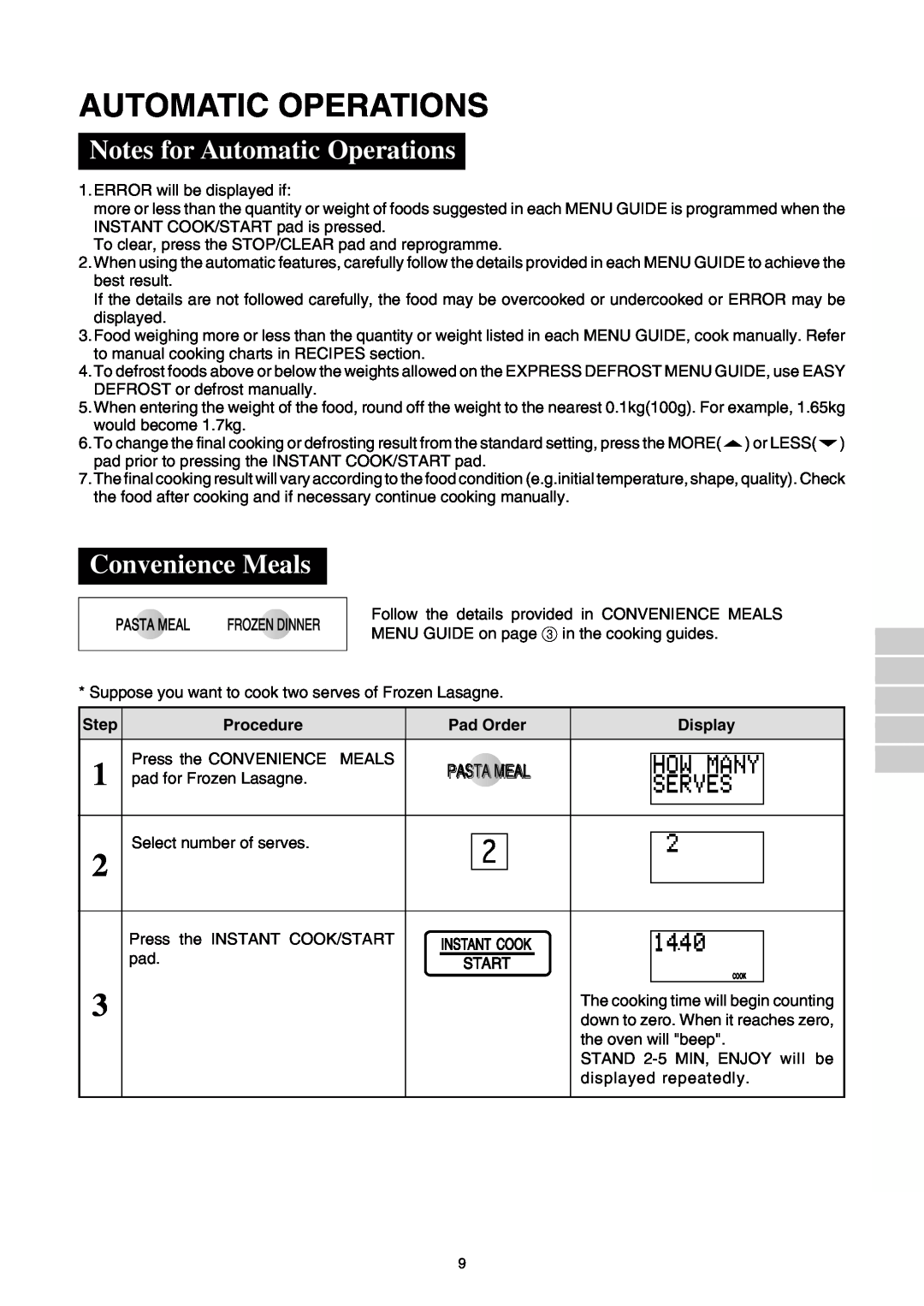 Sharp R-350E operation manual Notes for Automatic Operations, Convenience Meals, 1 2 3 4 5 6 7 