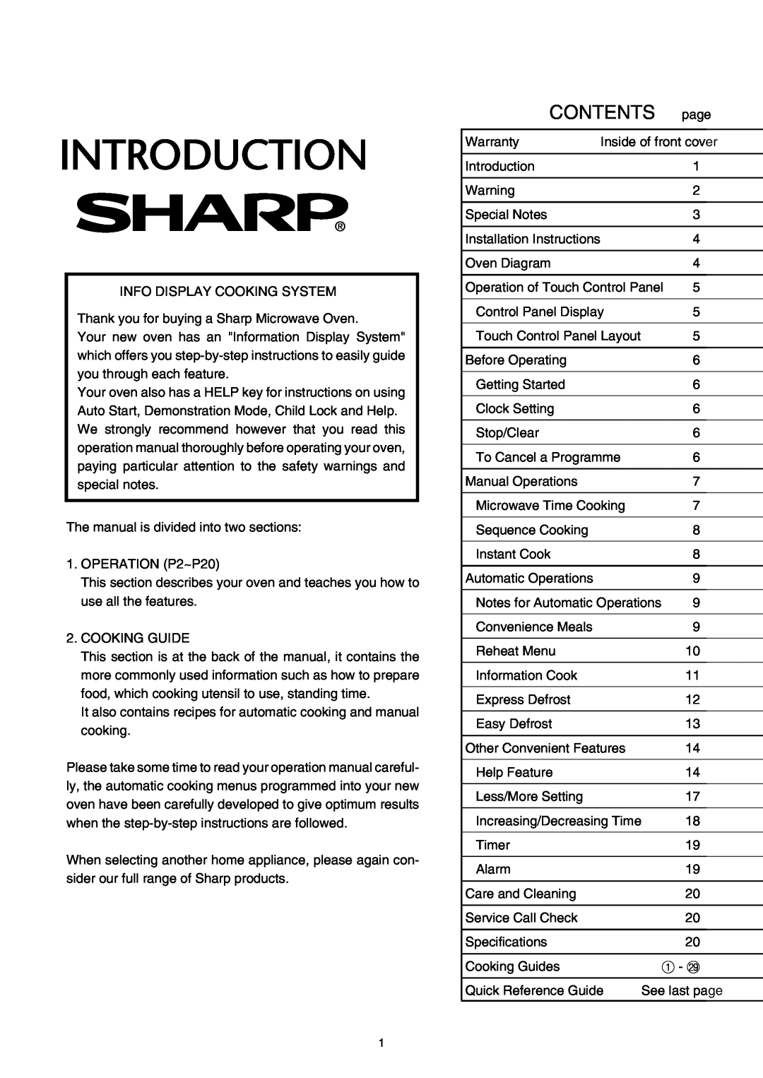 Sharp R-350E operation manual Contents 
