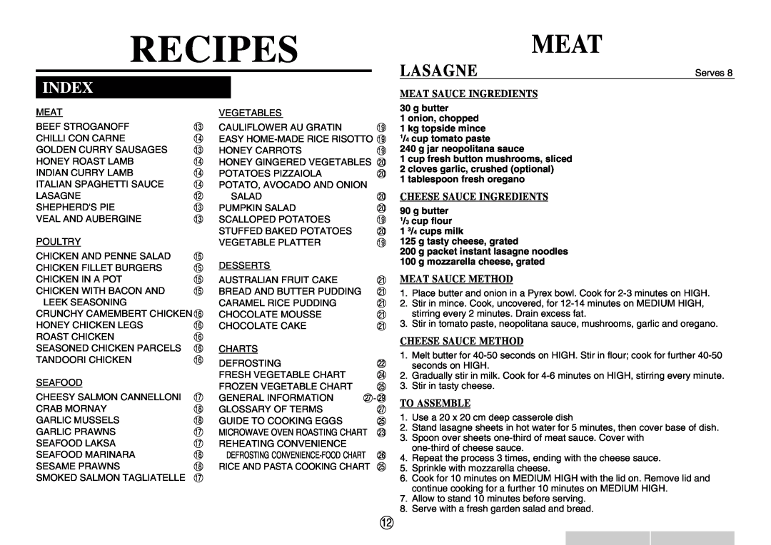 Sharp R-350E Index, Lasagne, Recipes, Meat Sauce Ingredients, Cheese Sauce Ingredients, Meat Sauce Method, To Assemble 