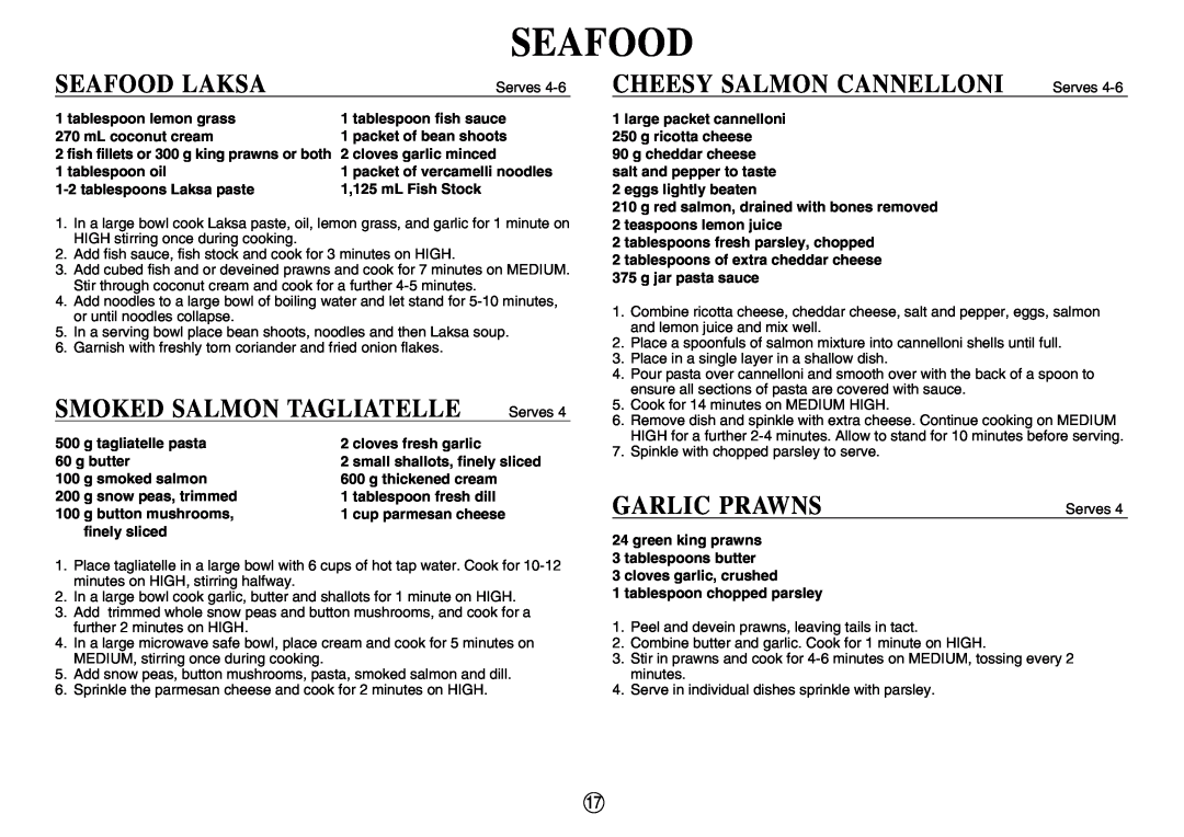 Sharp R-350E operation manual Seafood Laksa, Smoked Salmon Tagliatelle, CHEESY SALMON CANNELLONI Serves, Garlic Prawns 