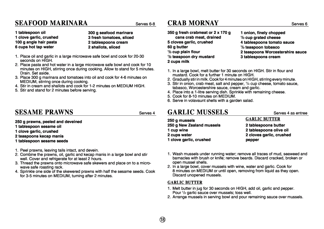 Sharp R-350E operation manual Seafood Marinara, Sesame Prawns, Crab Mornay, Garlic Mussels, Garlic Butter 
