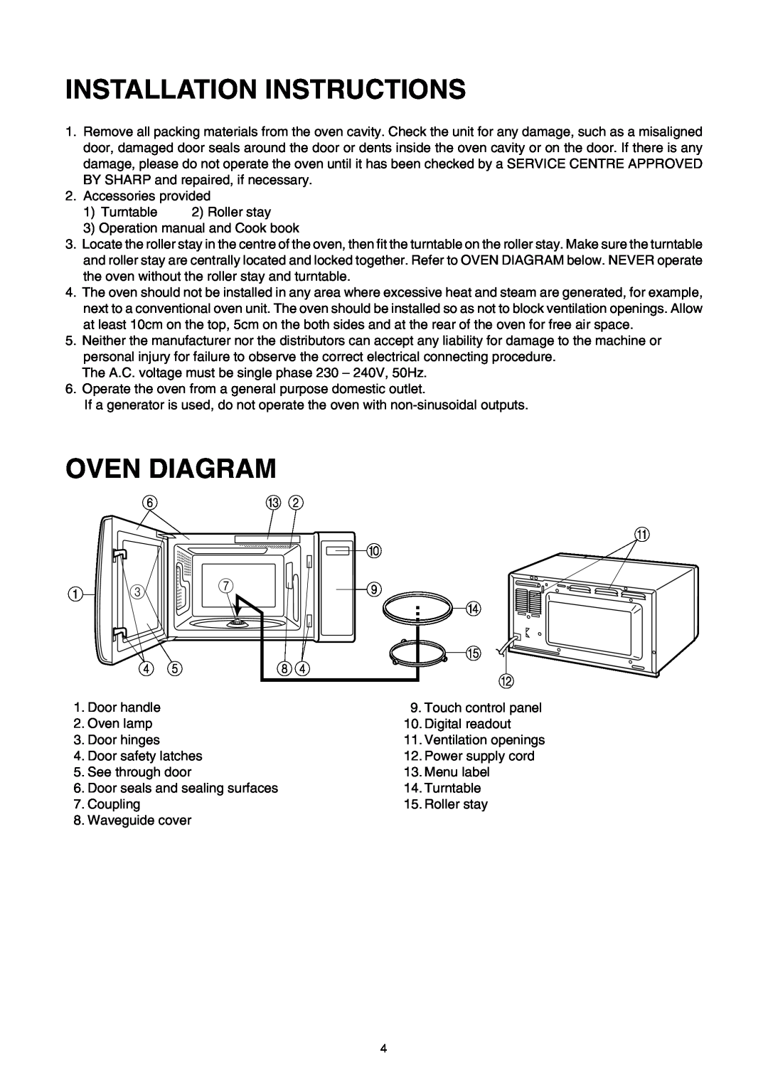 Sharp R-350E operation manual Installation Instructions, Oven Diagram, A D E B 