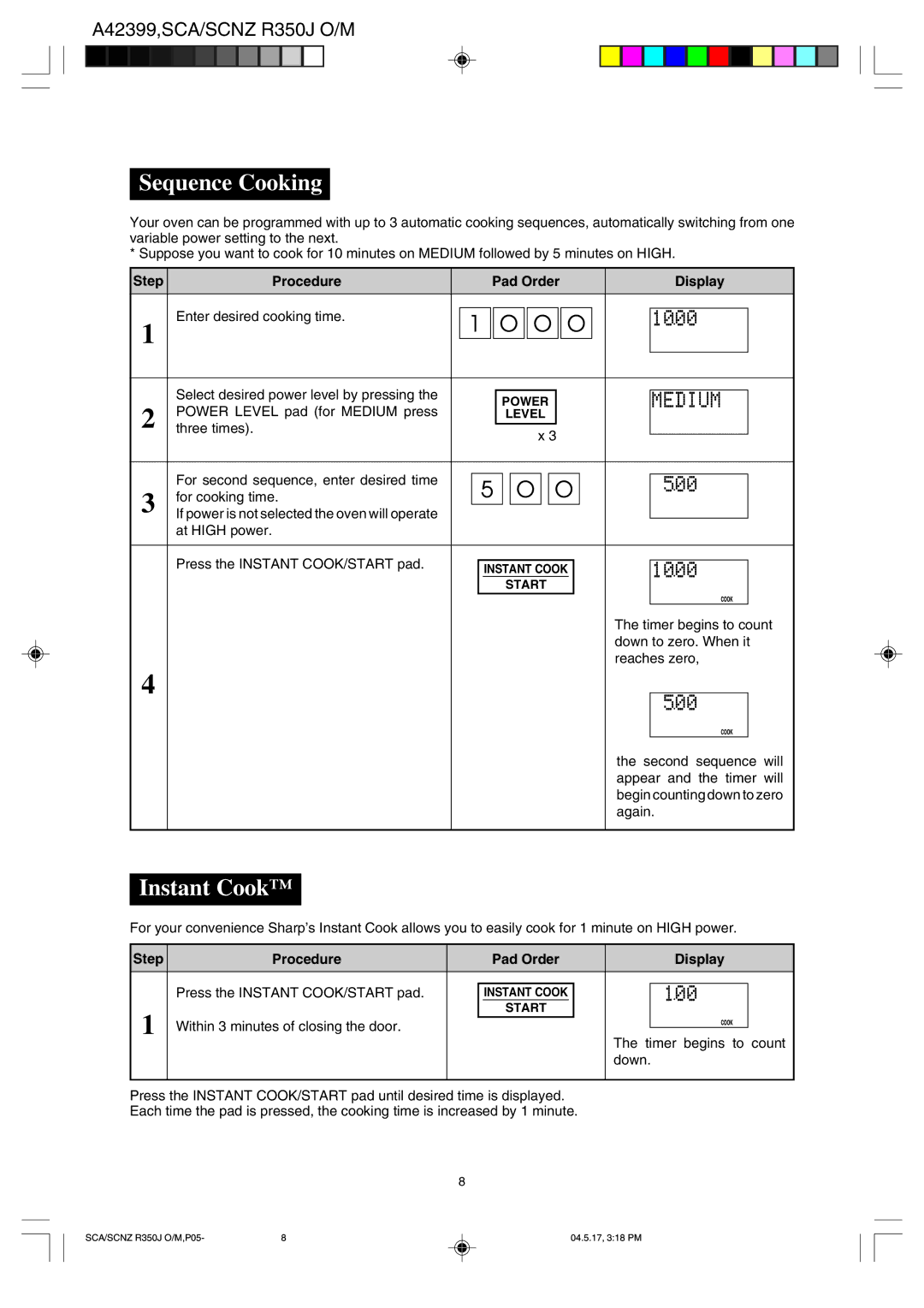 Sharp R-350J operation manual Sequence Cooking, Instant Cook 