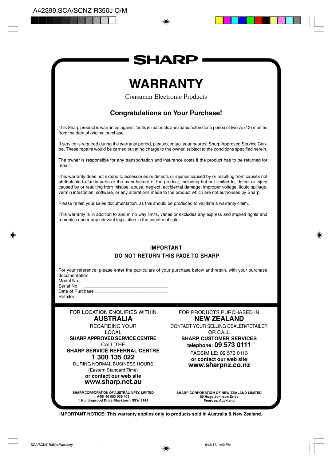 Sharp R-350J operation manual Telephone 09 573, Or contact our web site 