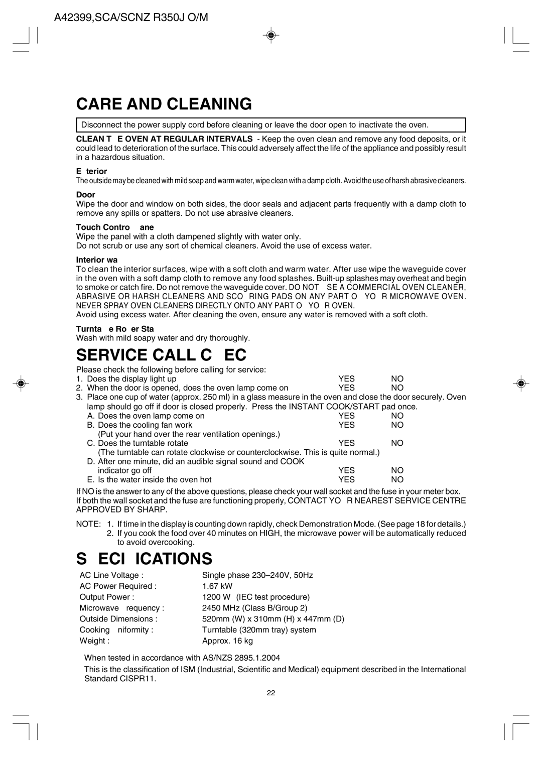 Sharp R-350J operation manual Care and Cleaning, Service Call Check, Specifications 