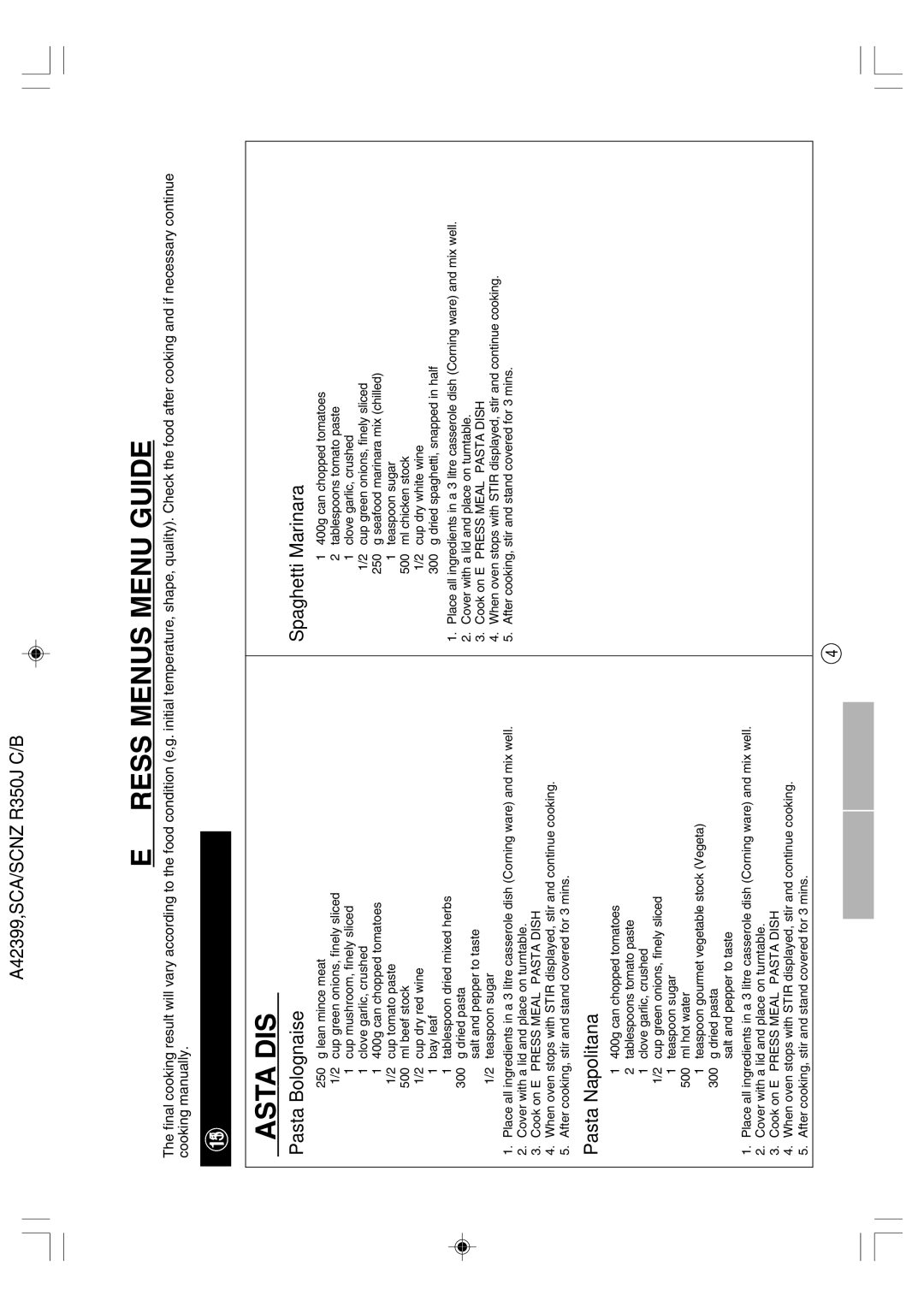 Sharp R-350J operation manual Express Menus Menu Guide, Pasta Dish, Express Meal Recipes 