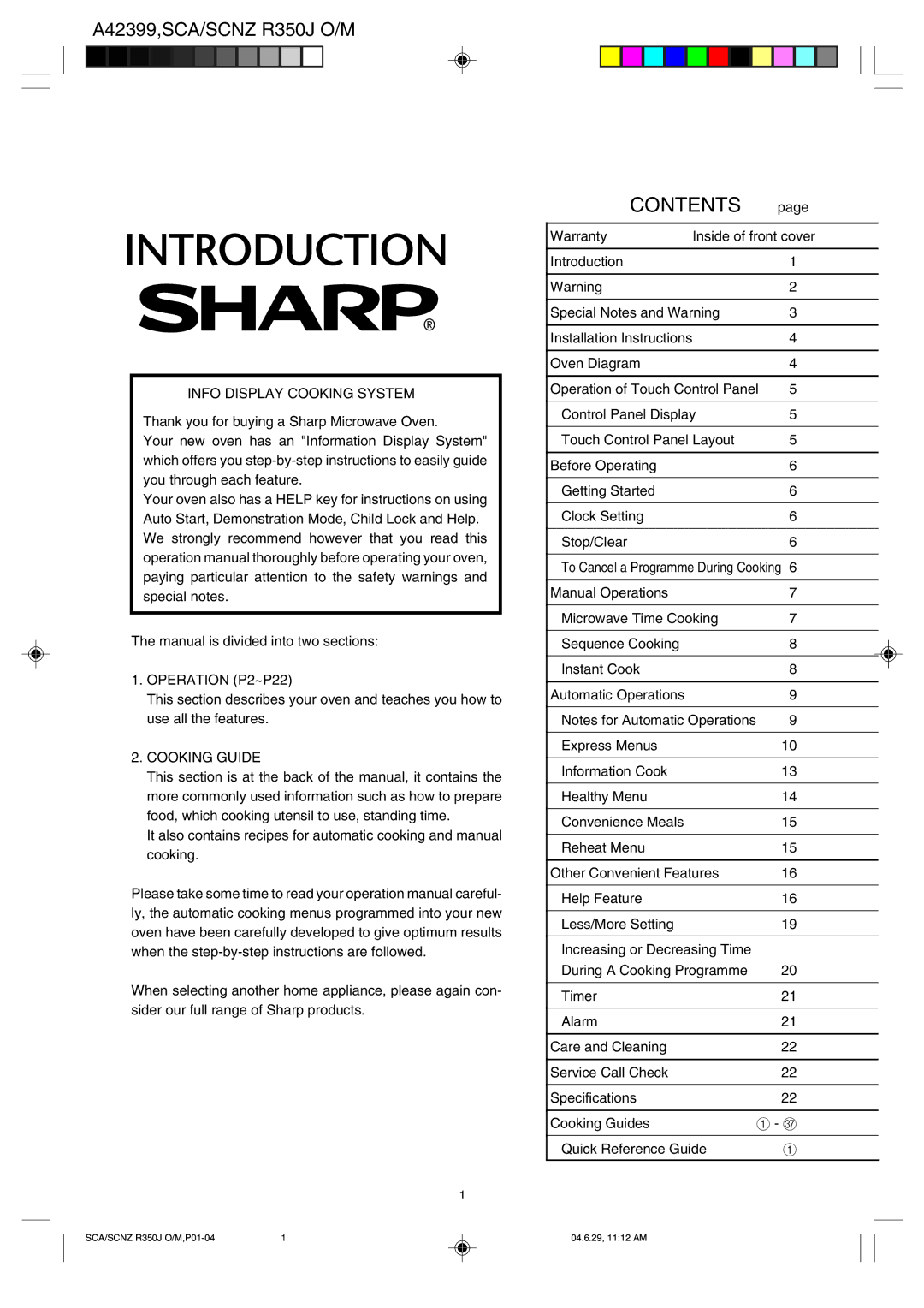 Sharp R-350J operation manual Contents 