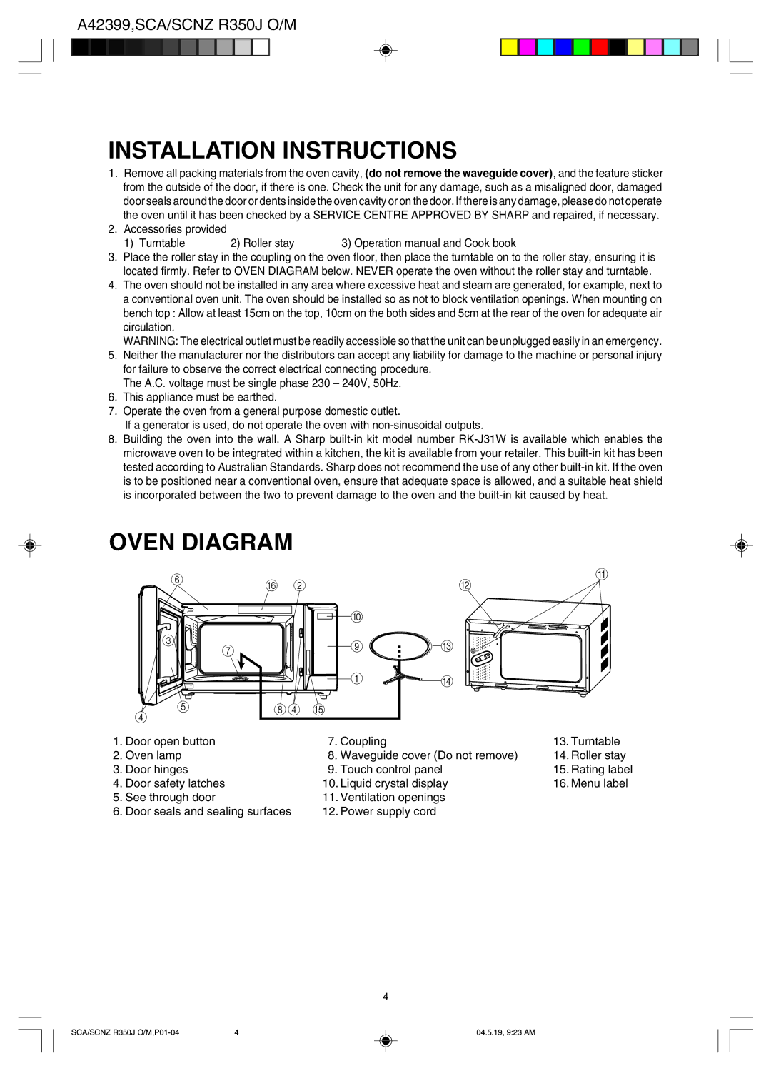 Sharp R-350J operation manual Installation Instructions, Oven Diagram 