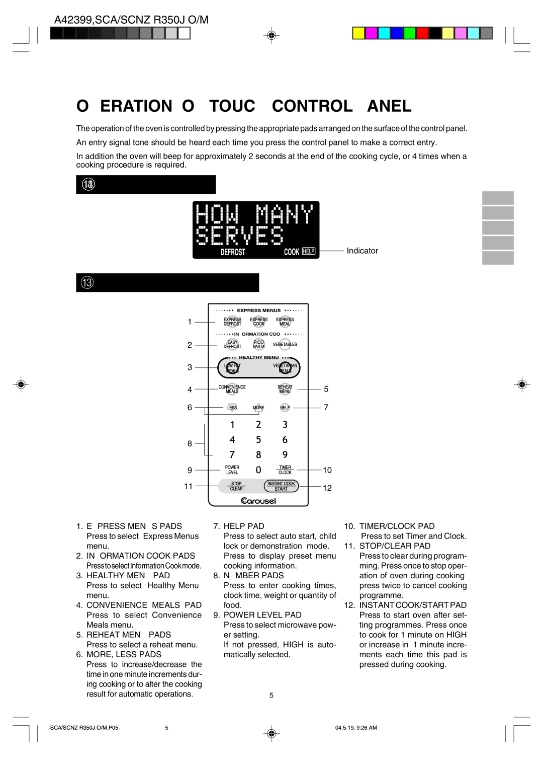 Sharp R-350J operation manual Operation of Touch Control Panel, Control Panel Display, Touch Control Panel Layout 