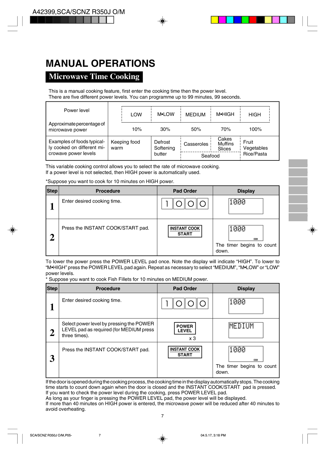 Sharp R-350J operation manual Manual Operations, Microwave Time Cooking 