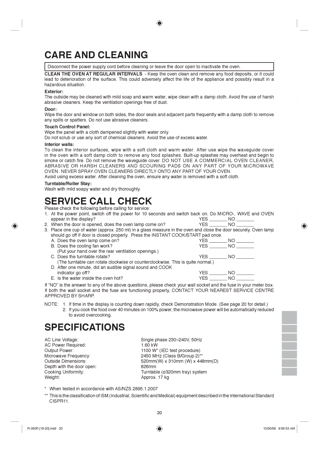 Sharp R-350R manual Care and Cleaning, Service Call Check, Specifications 