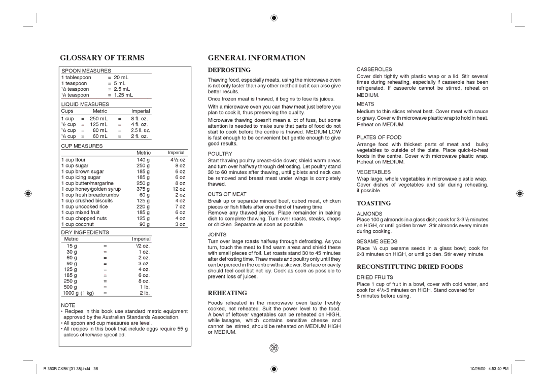 Sharp R-350R manual Glossary of Terms, General Information 