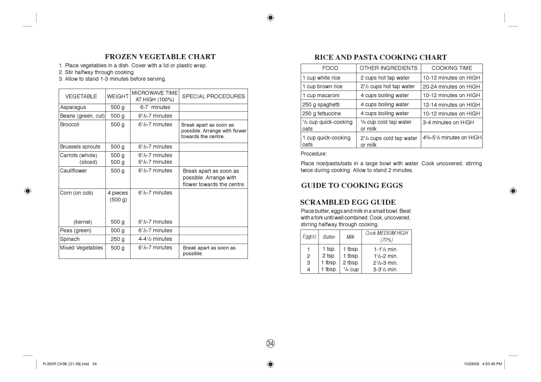 Sharp R-350R manual Frozen Vegetable Chart, Rice and Pasta Cooking Chart, Guide to Cooking Eggs Scrambled EGG Guide 