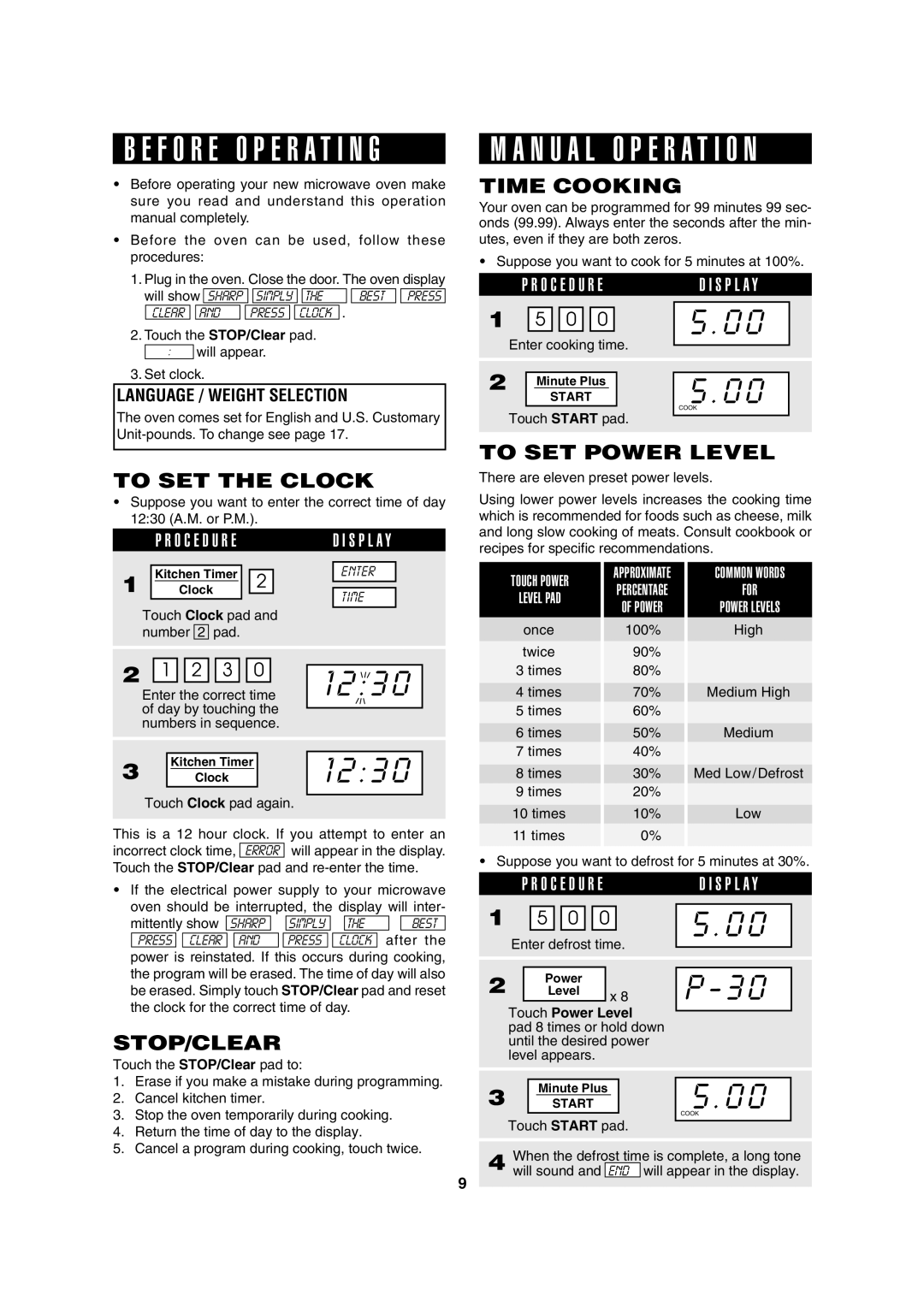 Sharp R-370E operation manual To SET the Clock, Stop/Clear, Time Cooking, To SET Power Level 