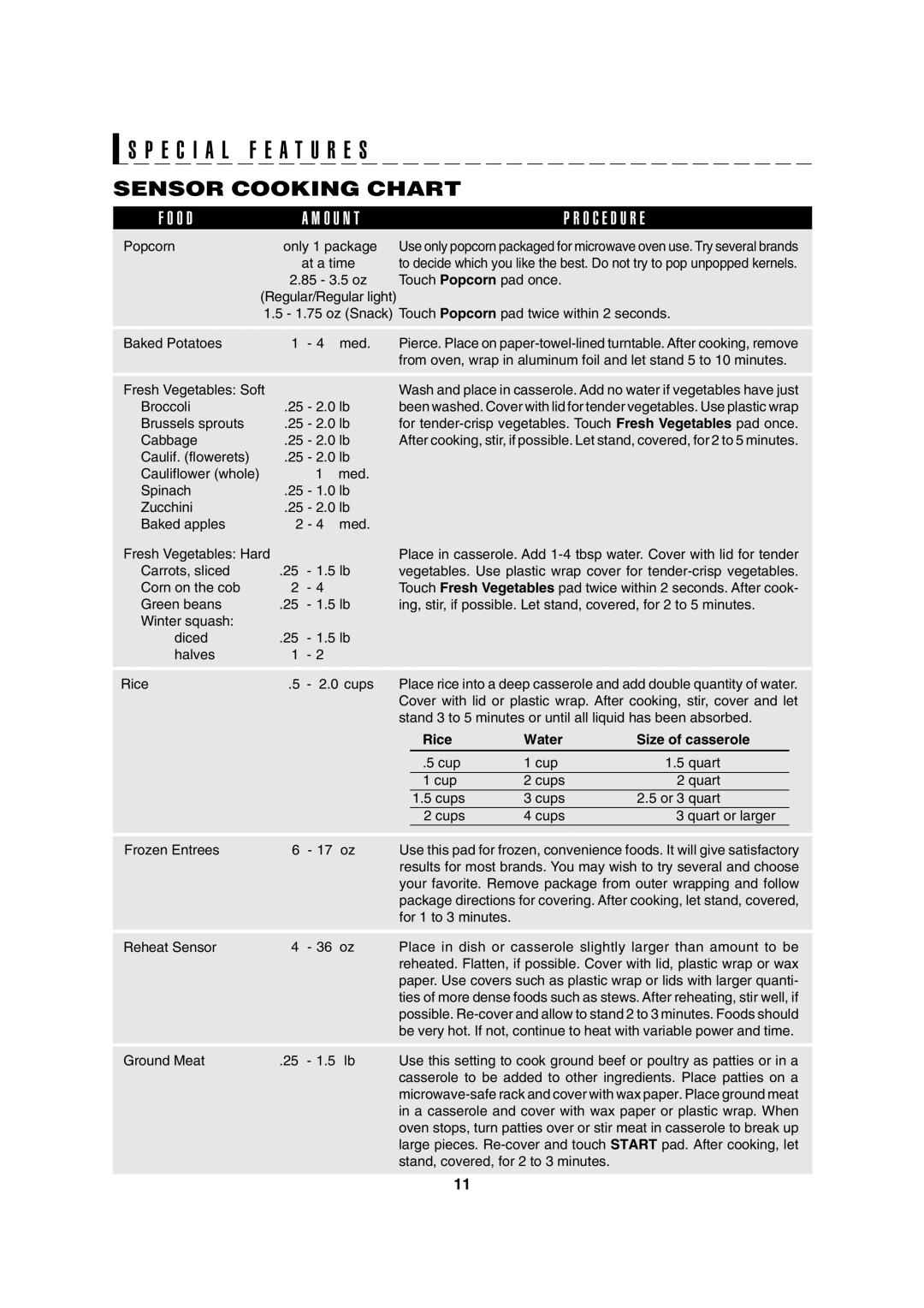 Sharp R-370E operation manual E C I a L F E a T U R E S, Sensor Cooking Chart, Rice Water Size of casserole 