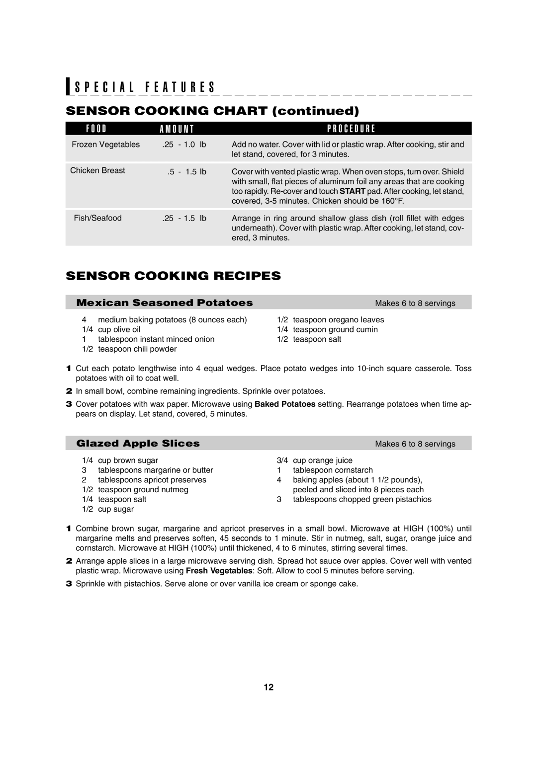 Sharp R-370E operation manual Sensor Cooking Chart, Sensor Cooking Recipes 