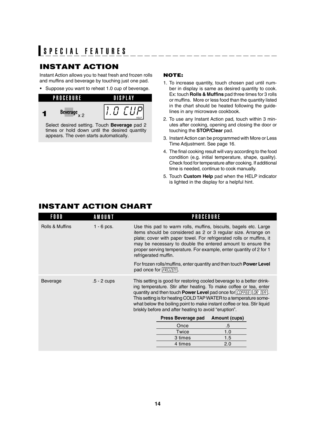 Sharp R-370E operation manual Instant Action Chart, O D O U N T O C E D U R E, Press Beverage pad Amount cups 