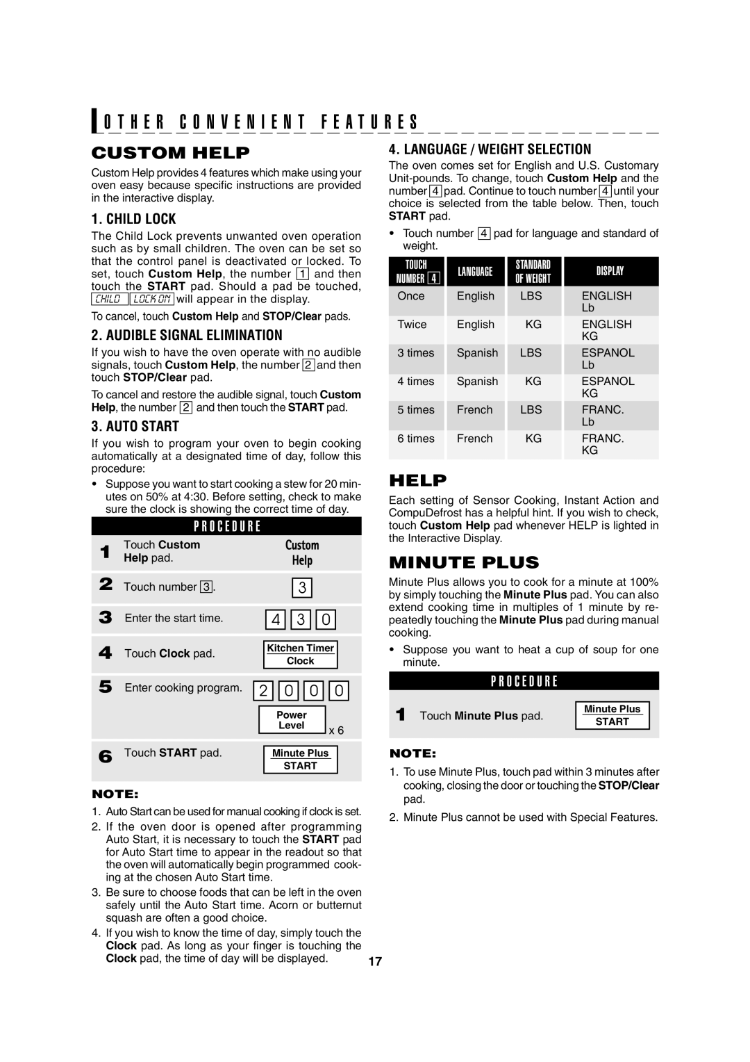 Sharp R-370E operation manual H E R C O N V E N I E N T F E a T U R E S, Custom Help, Minute Plus 