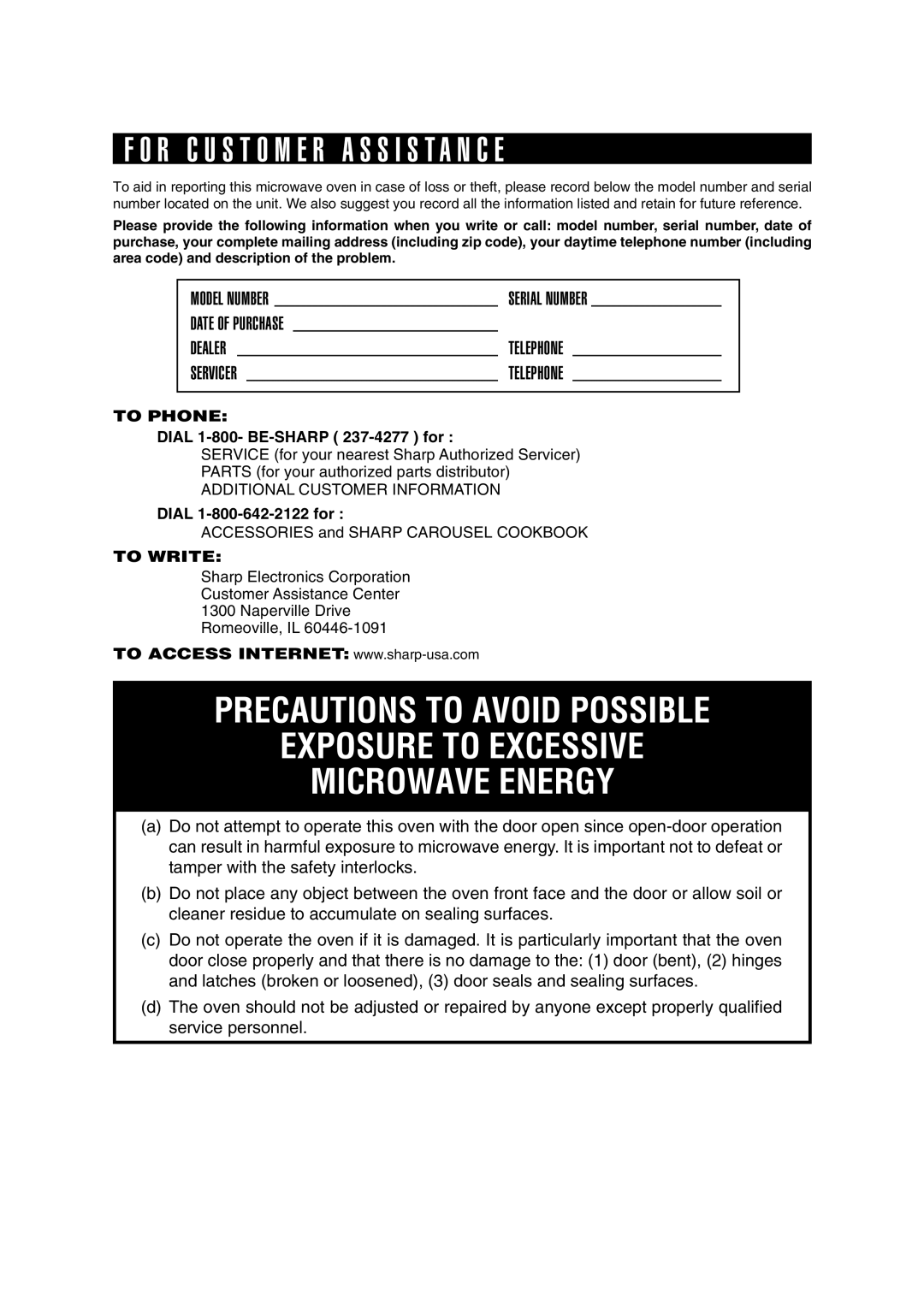 Sharp R-370E operation manual R C U S T O M E R a S S I S T a N C E, To Phone 