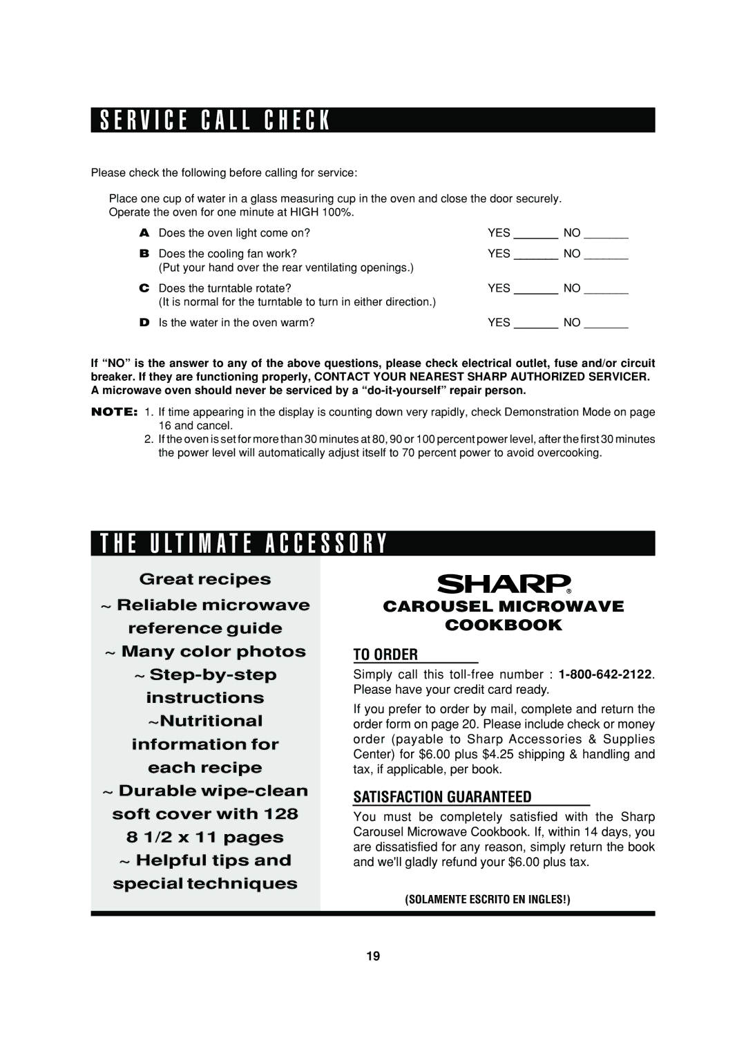 Sharp R-370E operation manual R V I C E C a L L C H E C K, E U L T I M a T E a C C E S S O R Y 