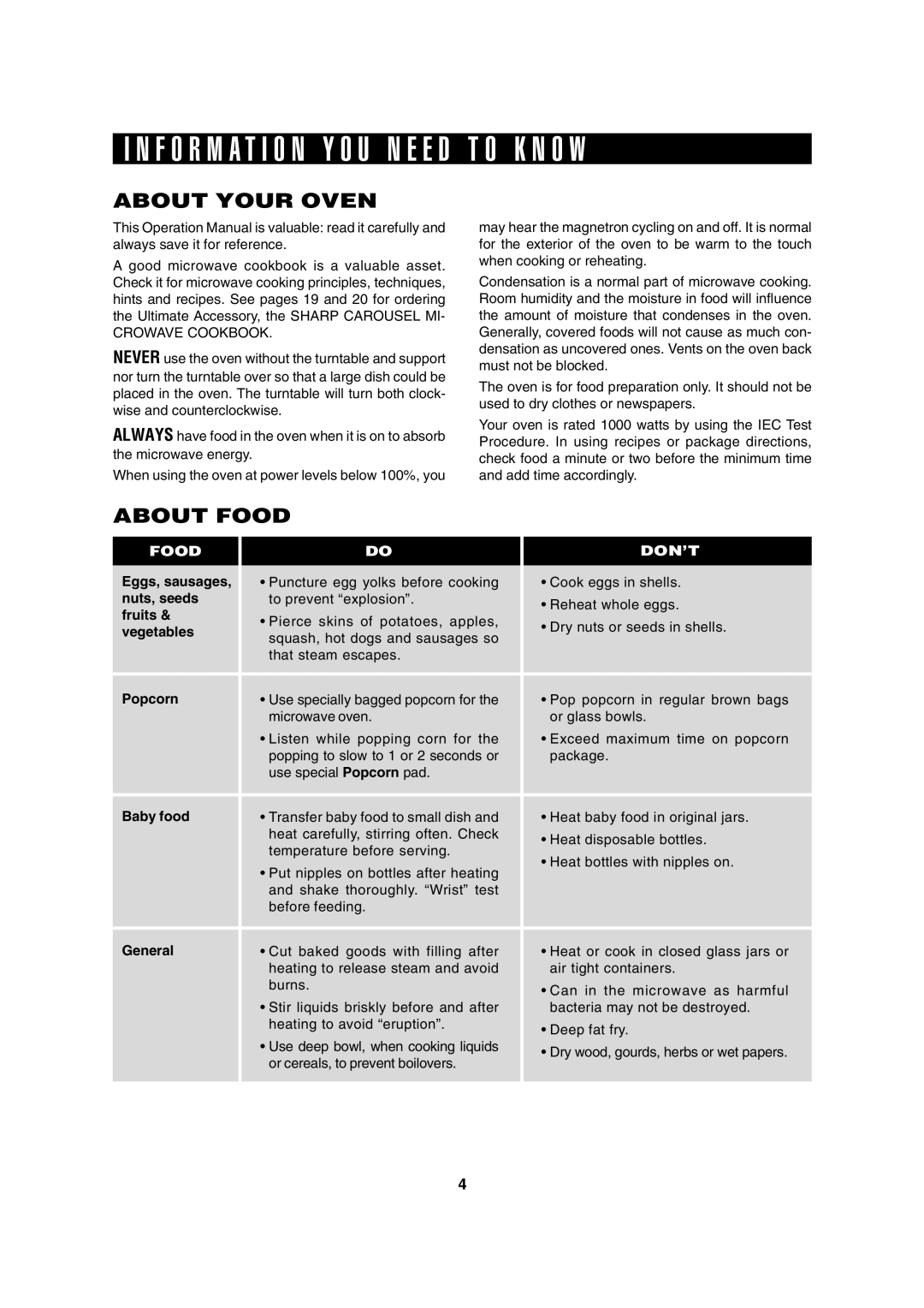 Sharp R-370E operation manual About Your Oven, About Food 