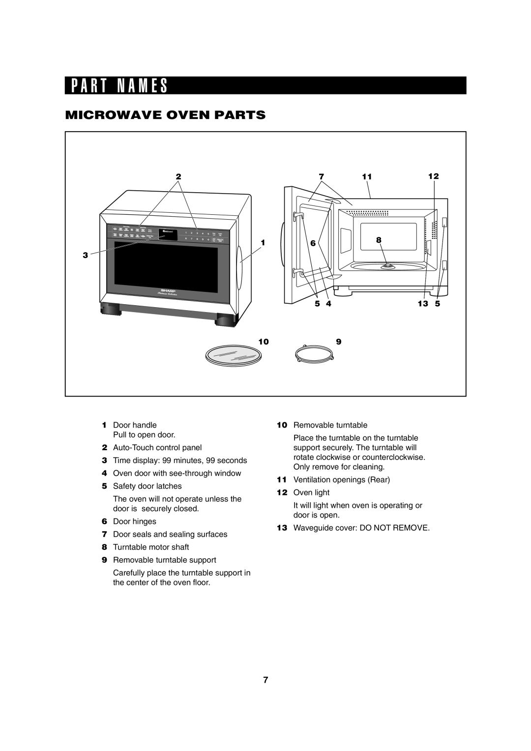 Sharp R-370E operation manual R T N a M E S, Microwave Oven Parts 