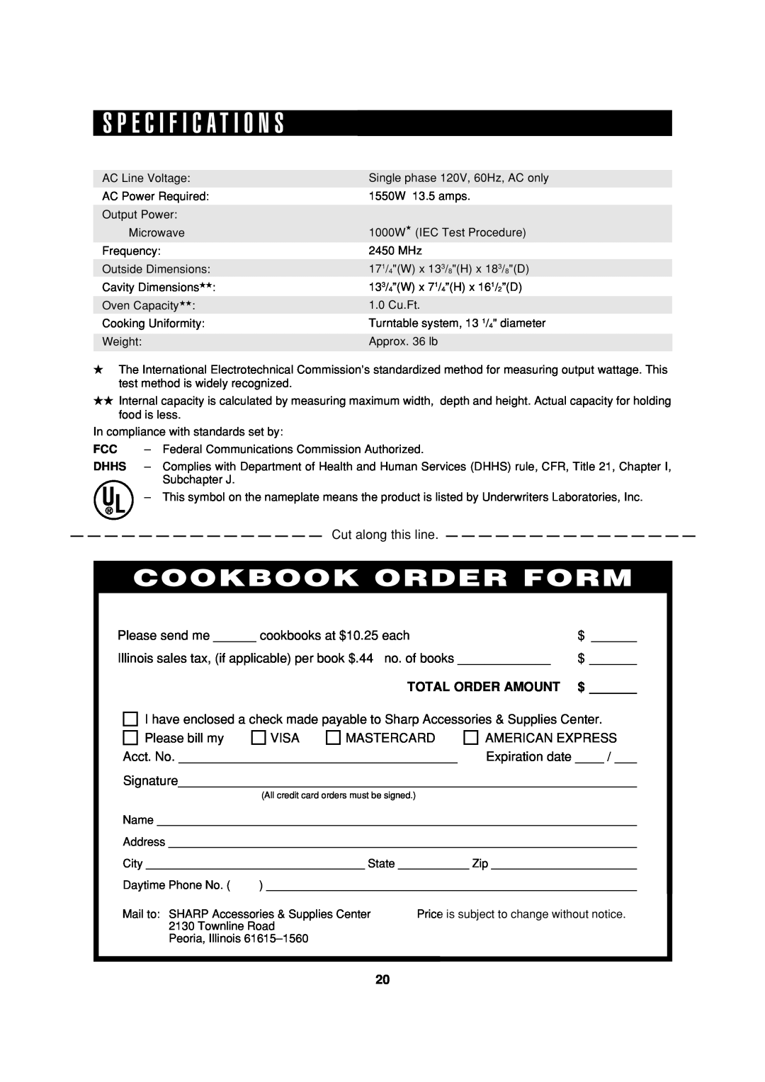 Sharp R-370E operation manual S P E C I F I C A T I O N S, Cookbook Order Form, Total Order Amount, $ 