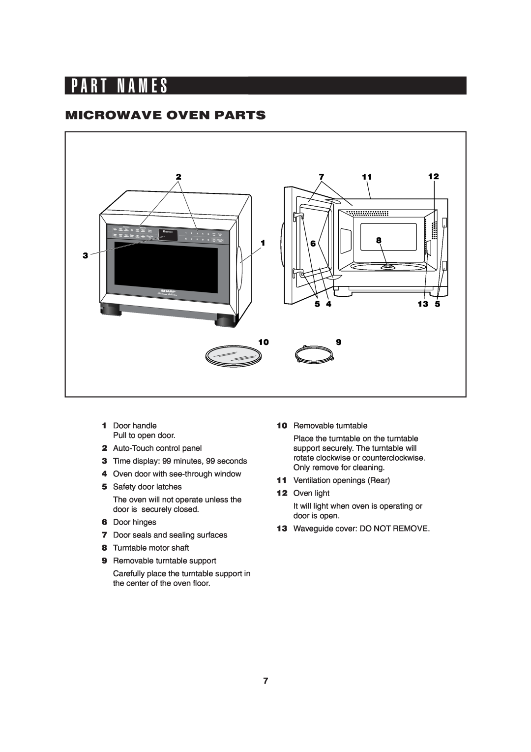 Sharp R-370E operation manual P A R T N A M E S, Microwave Oven Parts 