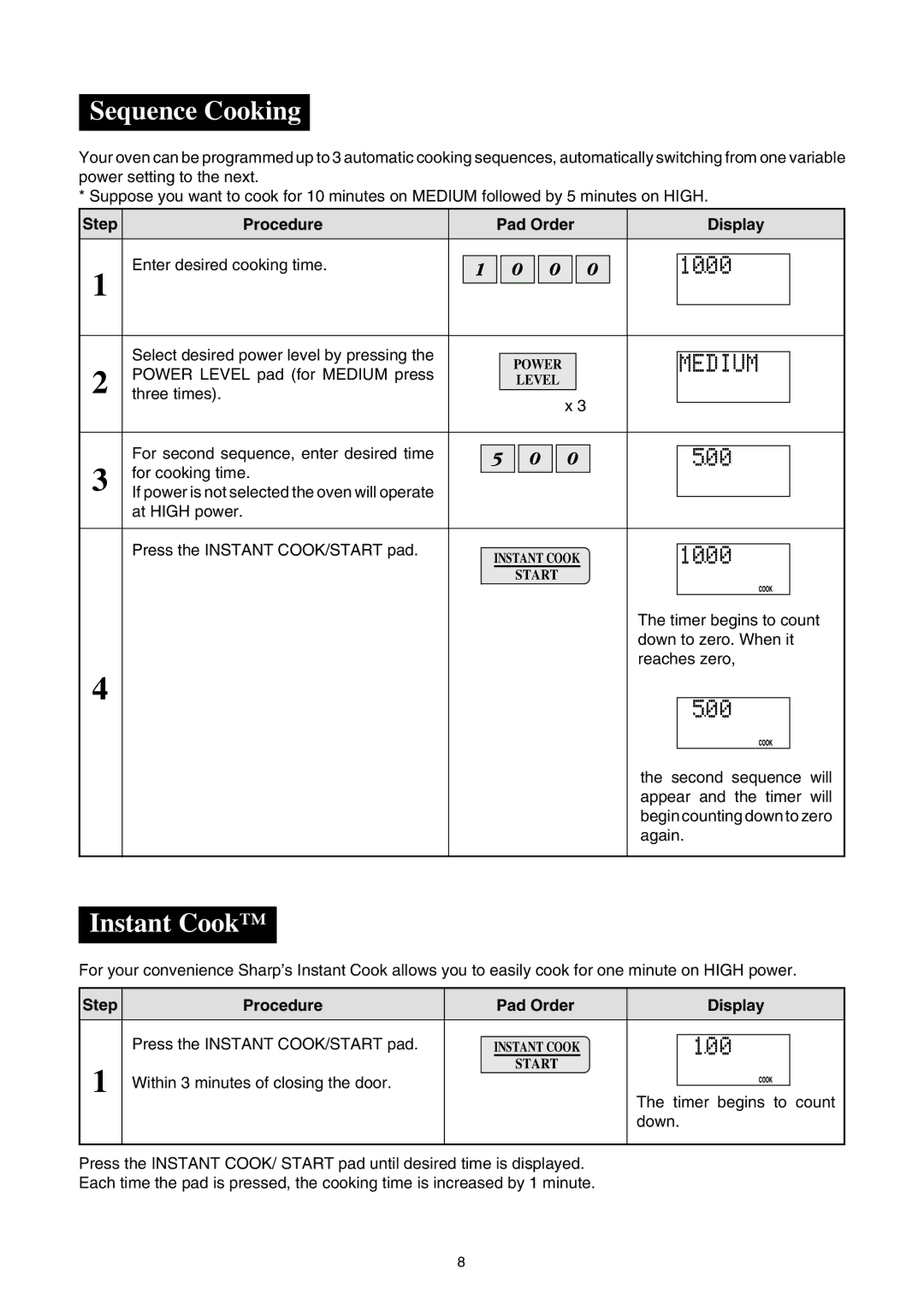 Sharp R-380D manual Sequence Cooking, Instant Cook, Within 3 minutes of closing the door 