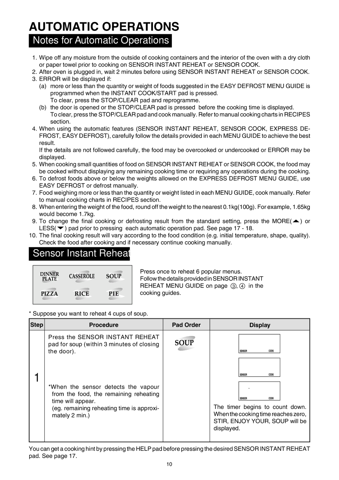 Sharp R-380D manual Automatic Operations, Sensor Instant Reheat, U P, N S O R H E a T 